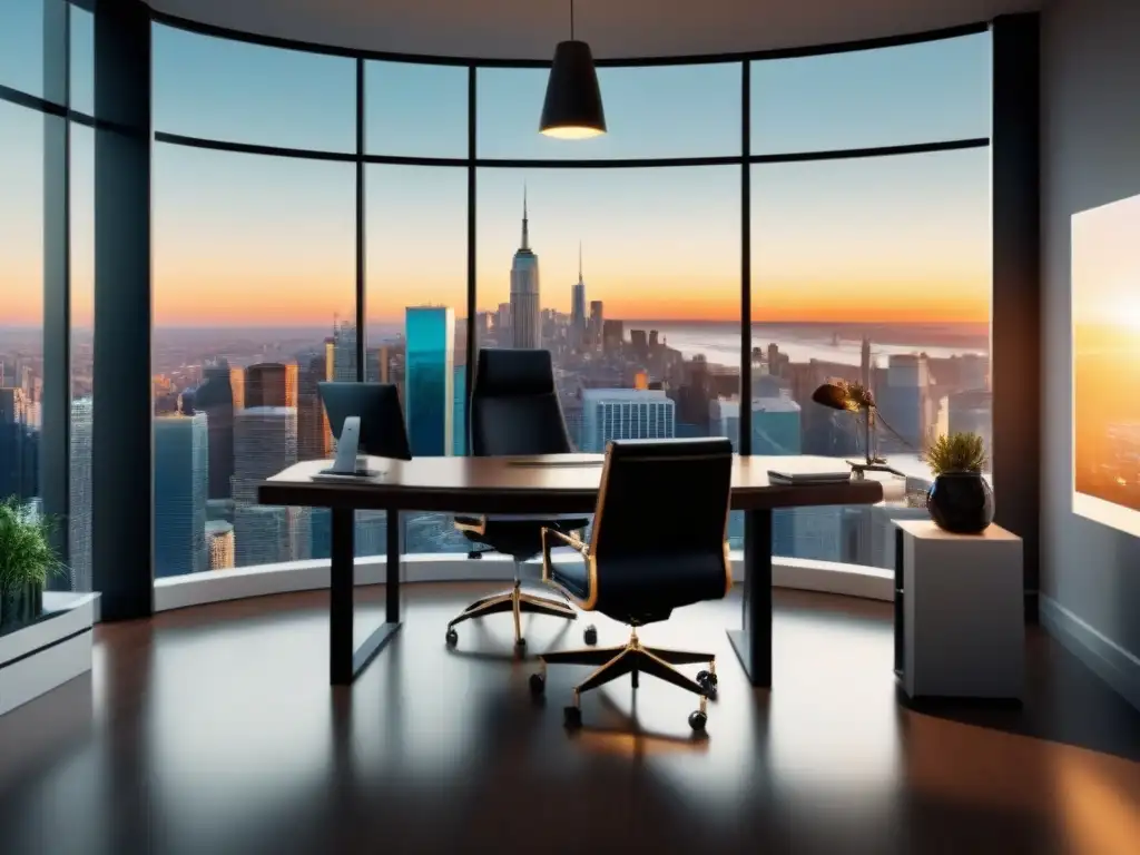 Oficina de lujo con vista a la ciudad: éxito en publicidad inmobiliaria Oficina de lujo inmobiliaria moderna con vista a la ciudad y alta tecnología, enfocada en el retorno inversión campañas publicitarias inmobiliarias