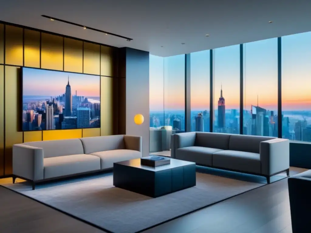Oficina de lujo inmobiliaria: exclusividad y elegancia Oficina de lujo inmobiliario con mobiliario minimalista, ventanales con vista a la ciudad y pared de marca en elegante dorado
