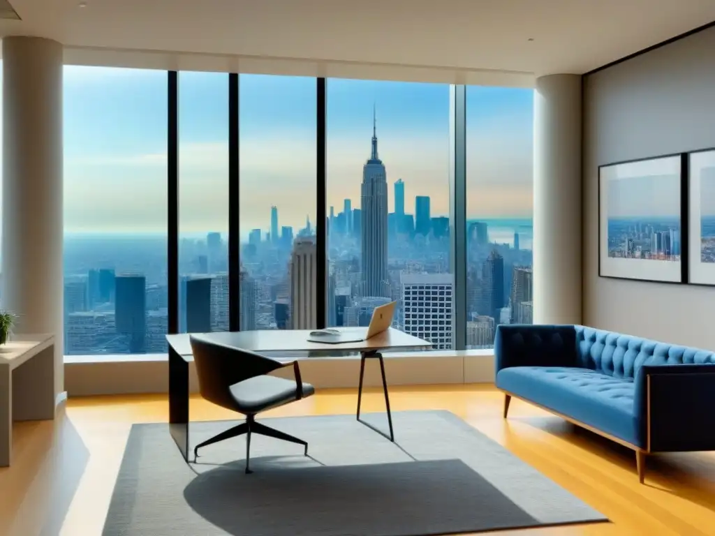 Oficina de lujo con vista panorámica en ciudad - Real Estate Oficina de lujo con mobiliario moderno y vista panorámica de la ciudad, ideal para publicidad inmobiliaria de lujo