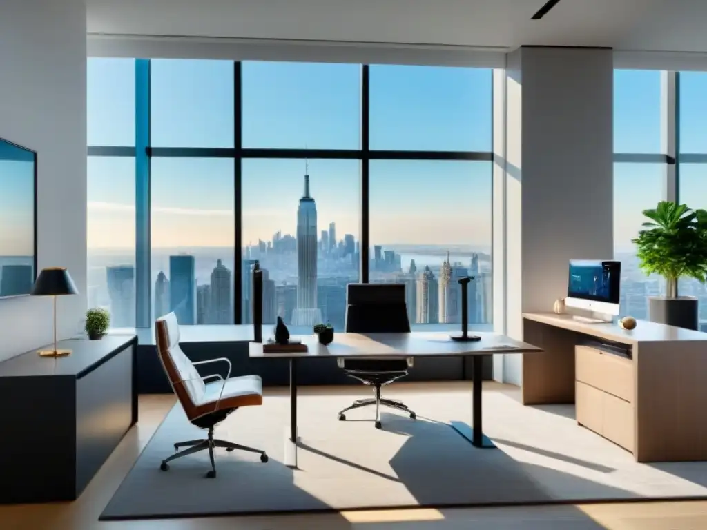 Oficina de lujo con vistas urbanas y tecnología avanzada Oficina de lujo moderna con vista a la ciudad para artículo sobre Publicidad respuesta directa mercado inmobiliario