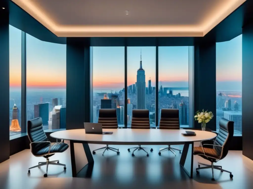 Oficina de lujo moderna con vistas a la ciudad Oficina de lujo con vista a la ciudad, muebles elegantes y paleta sofisticada