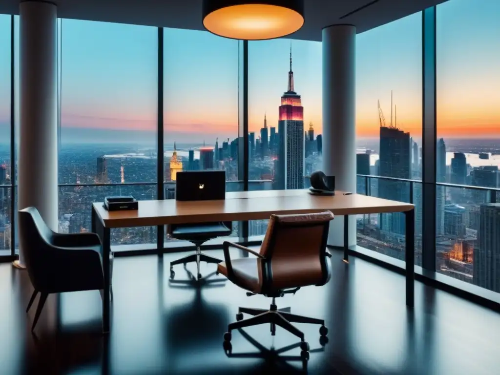 Oficina de lujo con vista a la ciudad y tecnología de alta gama Oficina de lujo con vista a la ciudad, escritorio elegante, silla de cuero, arte abstracto y lámpara de diseñador