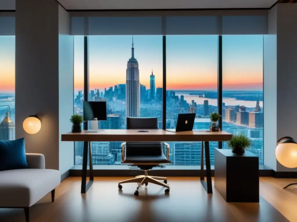 Oficina moderna de lujo con vistas a la ciudad Oficina de lujo con vista a la ciudad, muebles elegantes y arte en las paredes