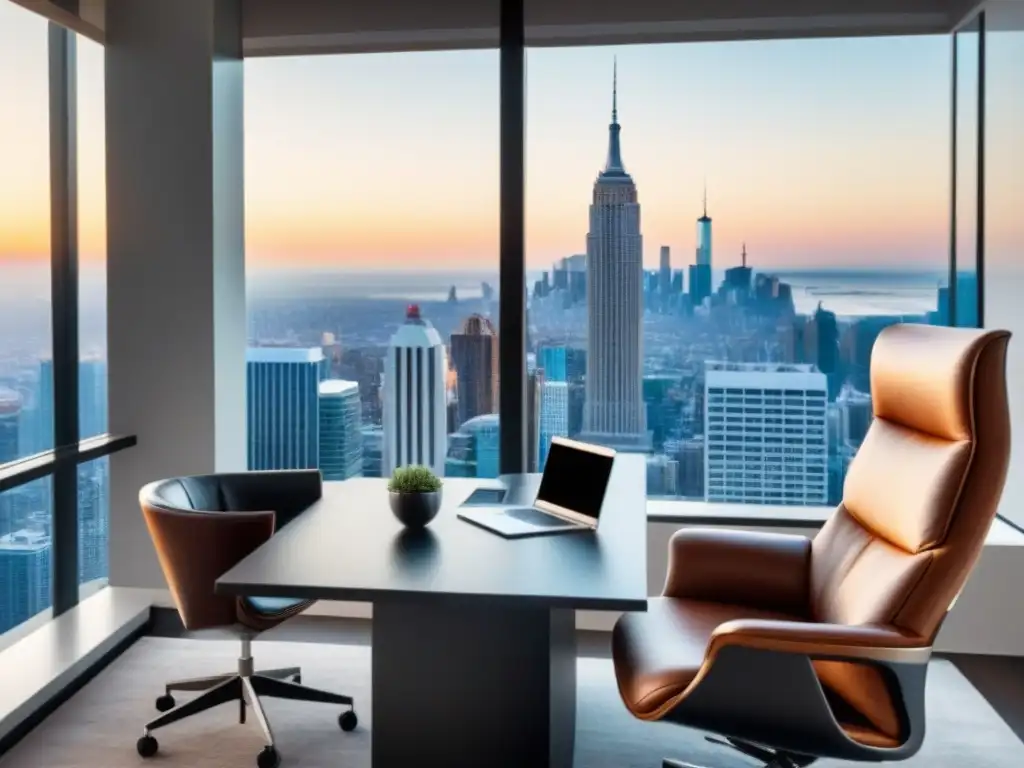 Oficina de lujo para éxito en inversión inmobiliaria Oficina de lujo con vistas a la ciudad, escritorio moderno con laptop, libros de inversión inmobiliaria y set de plumas