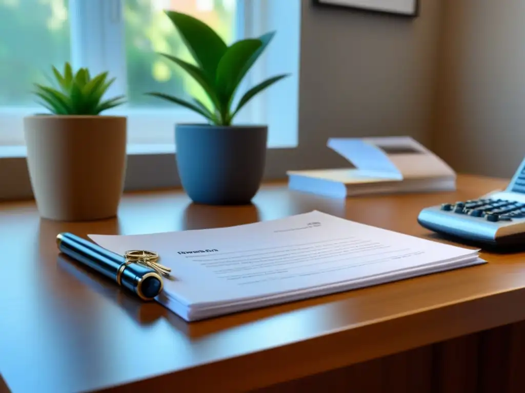 Oficina moderna: Acuerdos de CompraVenta y llaves en escritorio elegante Oficina moderna con Acuerdos de CompraVenta Bienes Inmuebles, llaves y bolígrafo en elegante escritorio