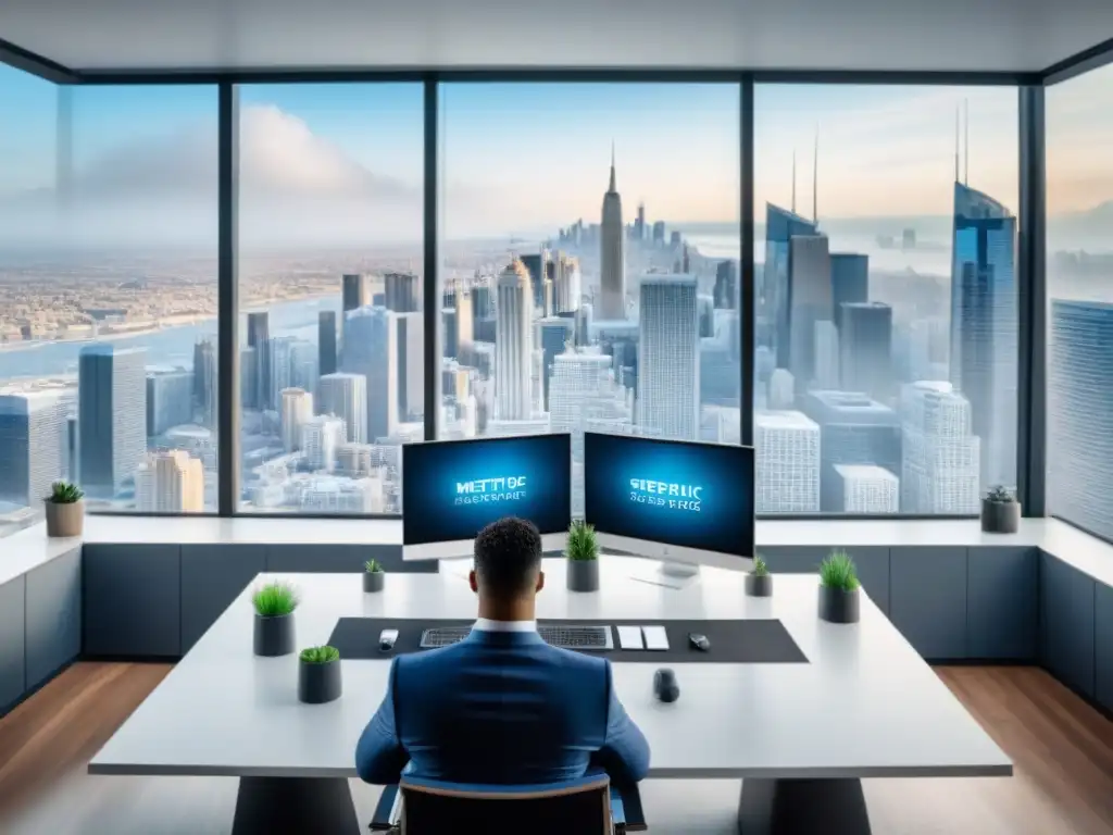 Oficina moderna con agente inmobiliario y estrategias SEO Oficina moderna con agente inmobiliario y dispositivos SEO para afiliados inmobiliarios