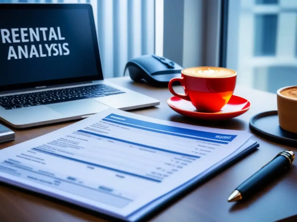 Oficina elegante: análisis de inversiones y leyes de alquiler Oficina moderna con análisis de inversión estratégica y documentos legales sobre ley de alquileres