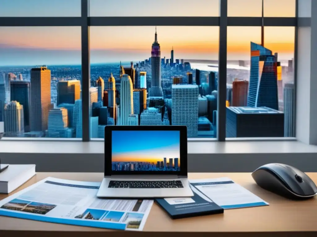 Decisión inmobiliaria: el desafío de elegir Oficina moderna con brochures inmobiliarios, llaves, planos, laptop con listados, mano dudando entre opciones, vista de ciudad