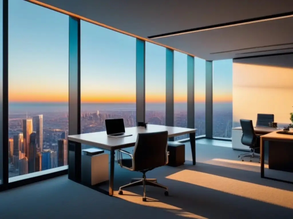 Oficina moderna con vista panorámica en 8k Oficina moderna con certificaciones necesarias bienes raíces comerciales