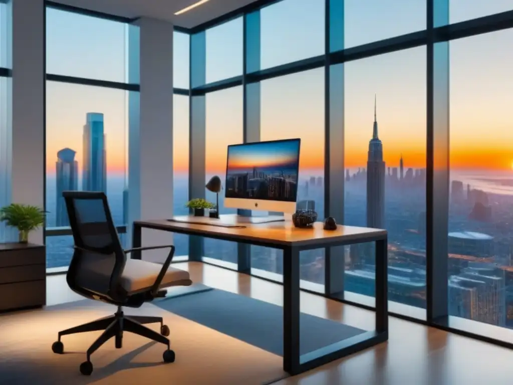 Oficina moderna con vista panorámica en 8k Oficina moderna con certificaciones y premios en la pared, reflejando la importancia de la certificación del tasador inmobiliario