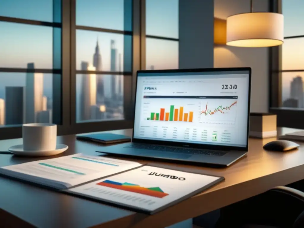 Comparativa financiera: Escritorio moderno con gráficos y préstamos Oficina moderna con comparativa financiera Préstamos Jumbo vs
