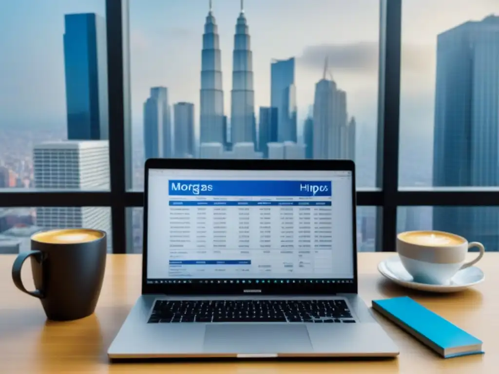Oficina moderna: Consejos para Inversores en Hipotecas Oficina moderna con consejos para inversores en hipotecas en laptop y ciudad en desarrollo al fondo