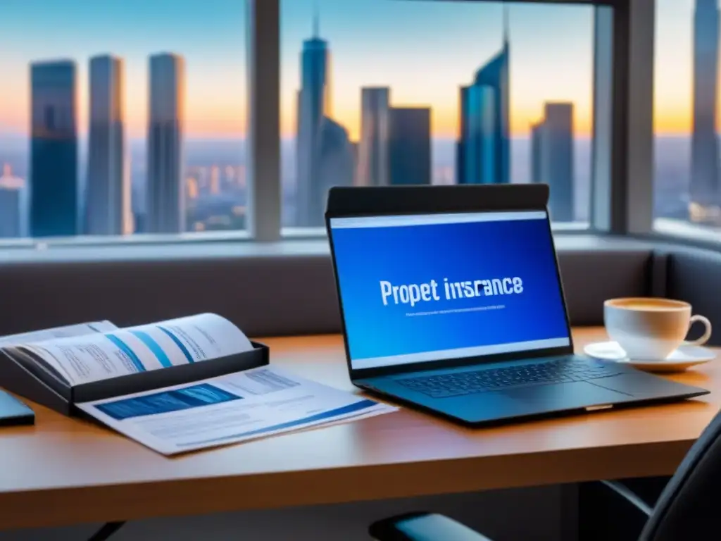 Oficina moderna con gráficos de seguros de propiedad Oficina moderna con consejos para promover seguros de propiedad en la laptop y folletos, ambiente de seguridad y protección en la ciudad