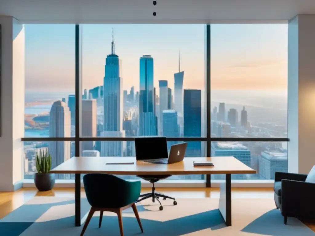 Oficina moderna con vista a la ciudad para hablar de préstamos hipotecarios Oficina moderna con documentos financieros y gráficos sobre préstamos interés inmobiliarios