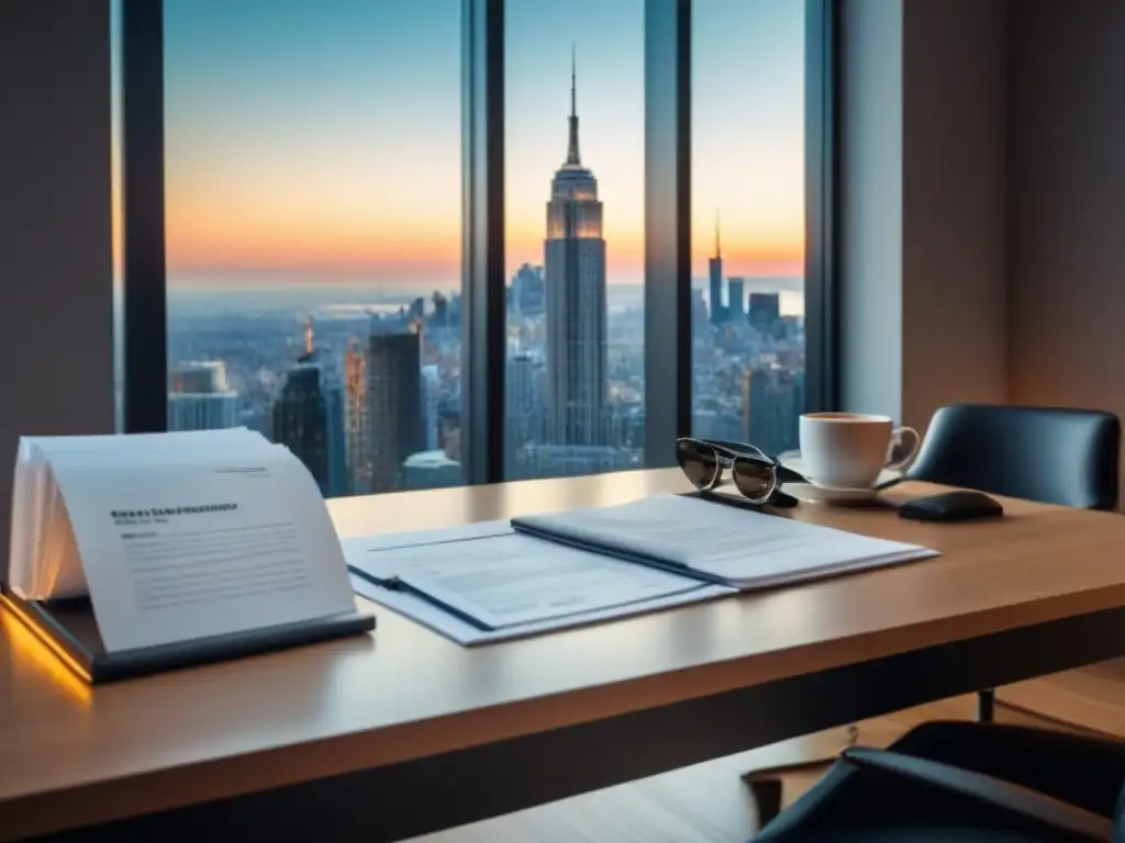 Oficina legal eficiente: contratos, software y café Oficina moderna con documentos legales, contrato en pantalla, gafas elegantes y café, simbolizando éxito en contratos inmobiliarios