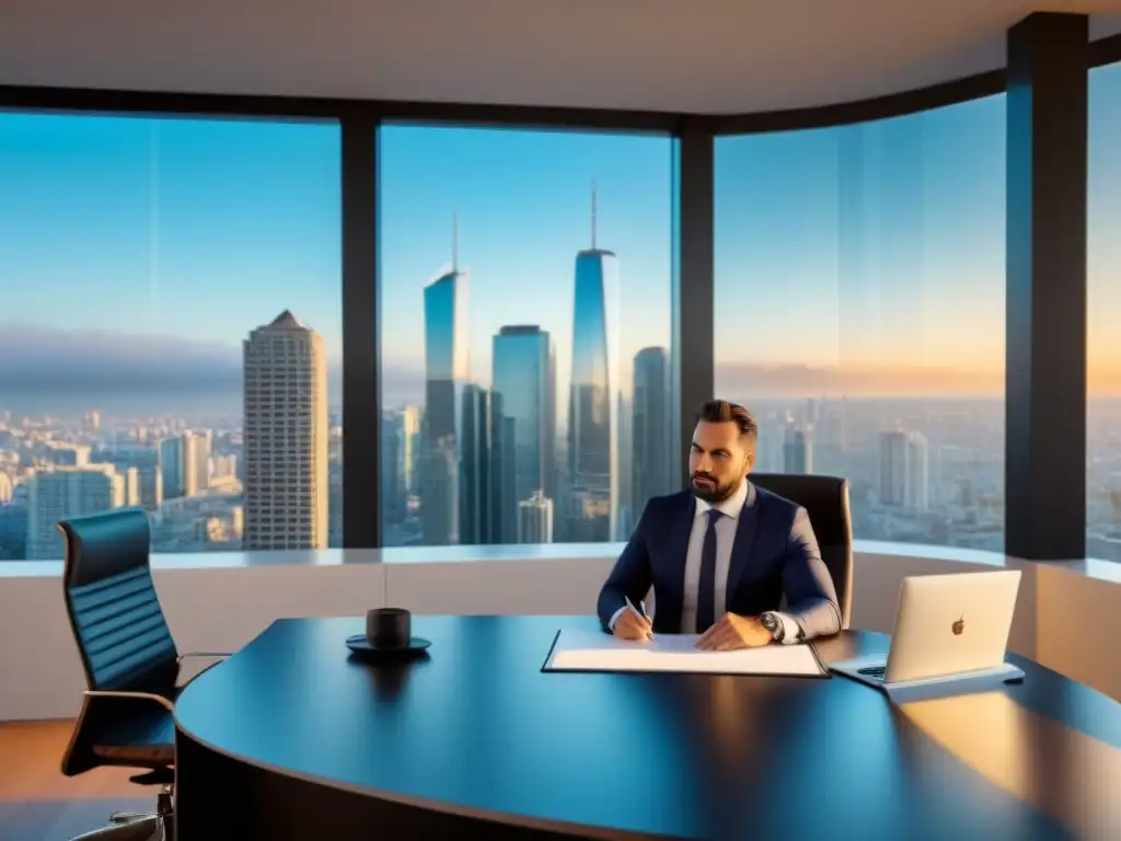 Oficina moderna con agente inmobiliario y Seguro de Título de Propiedad Una oficina moderna y elegante con un agente inmobiliario y un cliente discutiendo sobre 'Seguros de título de propiedad'