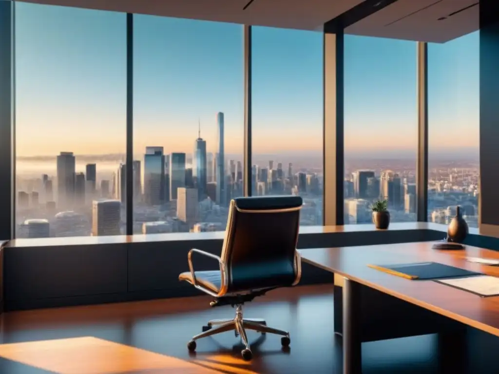 Oficina moderna con vista a la ciudad: elegancia y profesionalismo Oficina moderna con elegante escritorio de vidrio, silla de cuero y documentos de seguros propiedad protegen cartera inmobiliaria