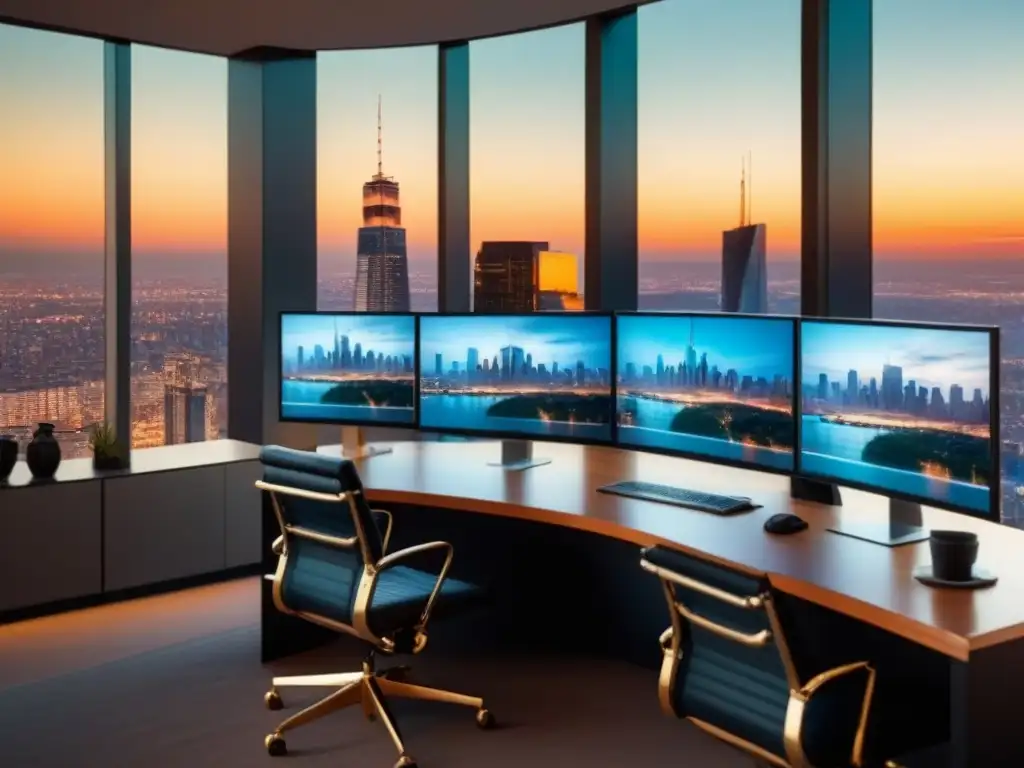 Oficina moderna con vista a la ciudad al atardecer Oficina moderna y elegante para interpretar informes inversión inmobiliaria