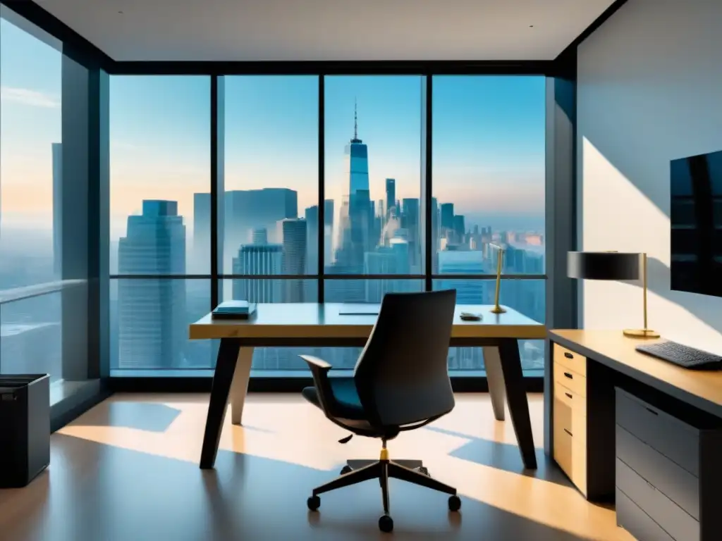 Oficina moderna y sofisticada con vistas a la ciudad: imagen 8k detallada Oficina moderna y elegante con vista a la ciudad, amueblada con muebles minimalistas y ordenada