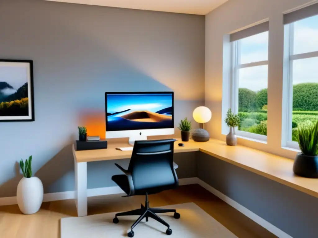 Oficina en casa moderna y elegante para trabajar con eficacia y estilo Oficina moderna y elegante con vista a un jardín tranquilo