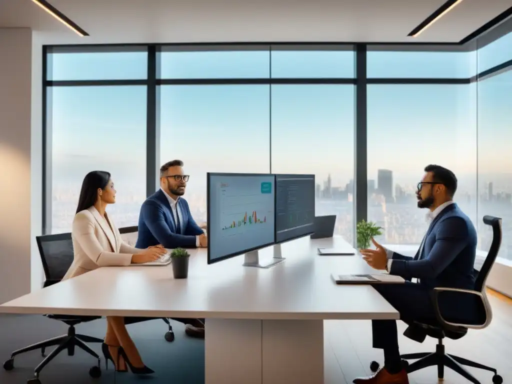 Oficina moderna: innovación y colaboración financiera Oficina moderna con equipo de alta tecnología y profesionales colaborando en gráficos financieros