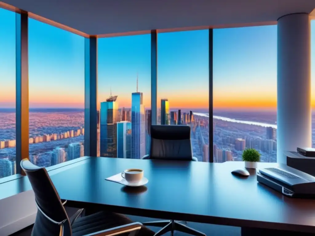 Oficina de lujo con vista panorámica y documentos financieros Oficina moderna con escritorio elegante, computadora de alta tecnología y vista panorámica de la ciudad