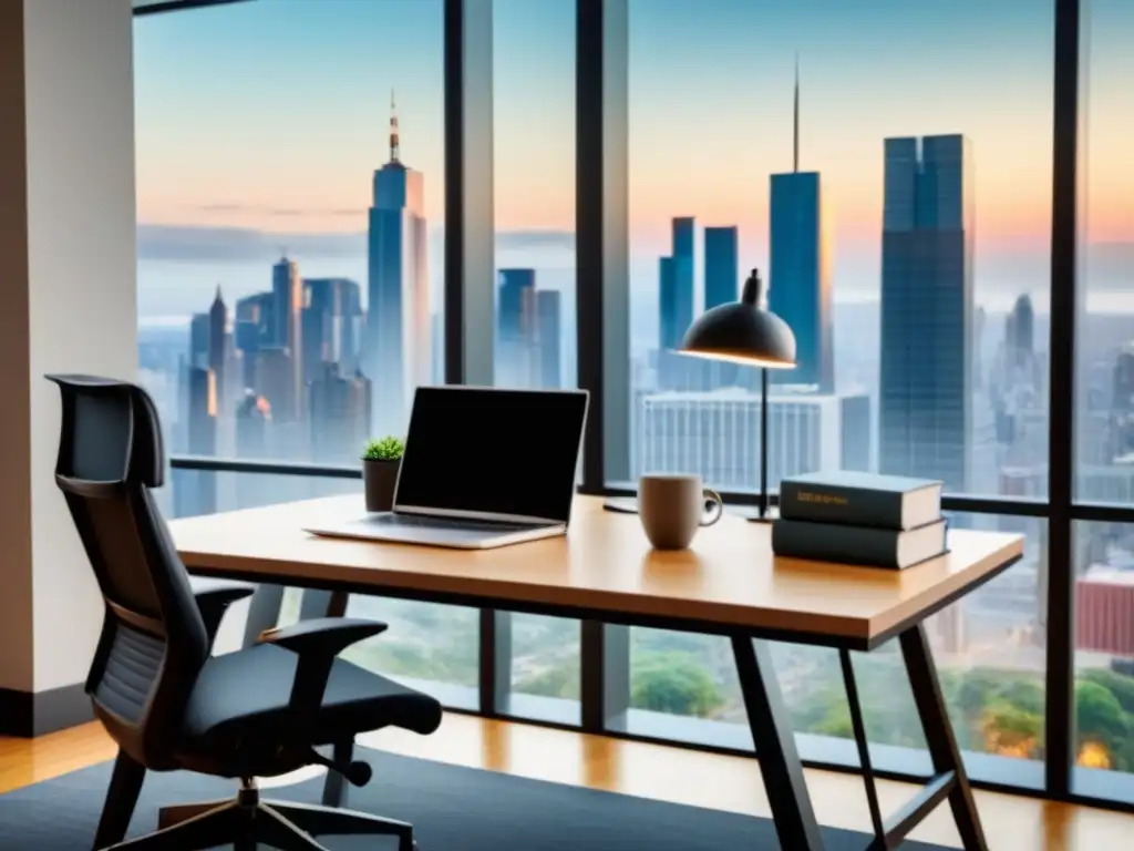 Oficina legal moderna: profesionalismo y expertise en bienes raíces Oficina moderna con escritorio elegante, silla contemporánea, laptop con documentos legales, libros de leyes, café y vista a la ciudad