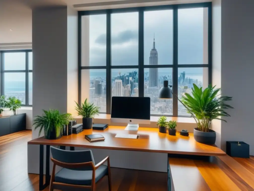 Oficina moderna con escritorio de madera, libros legales, gráficos de inversión inmobiliaria y título enmarcado