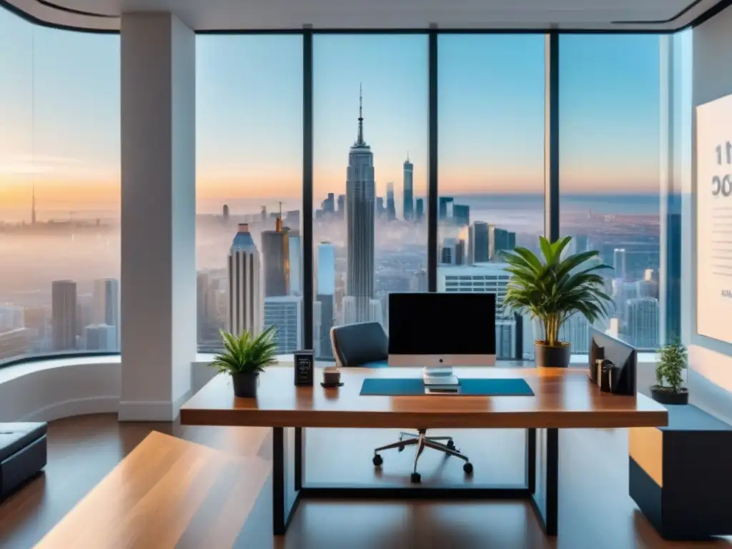Oficina de lujo para inversores inmobiliarios Oficina moderna con escritorio de madera, gráficos de inversión, libros de real estate y mensaje motivacional