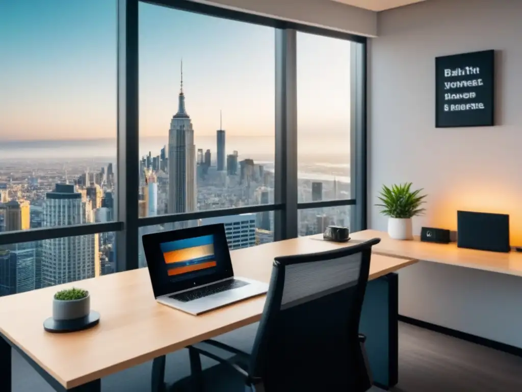 Oficina minimalista con motivación y estilo profesional Oficina moderna con escritorio minimalista, laptop y frase motivadora en la pared, iluminada por luz natural, vista a la ciudad