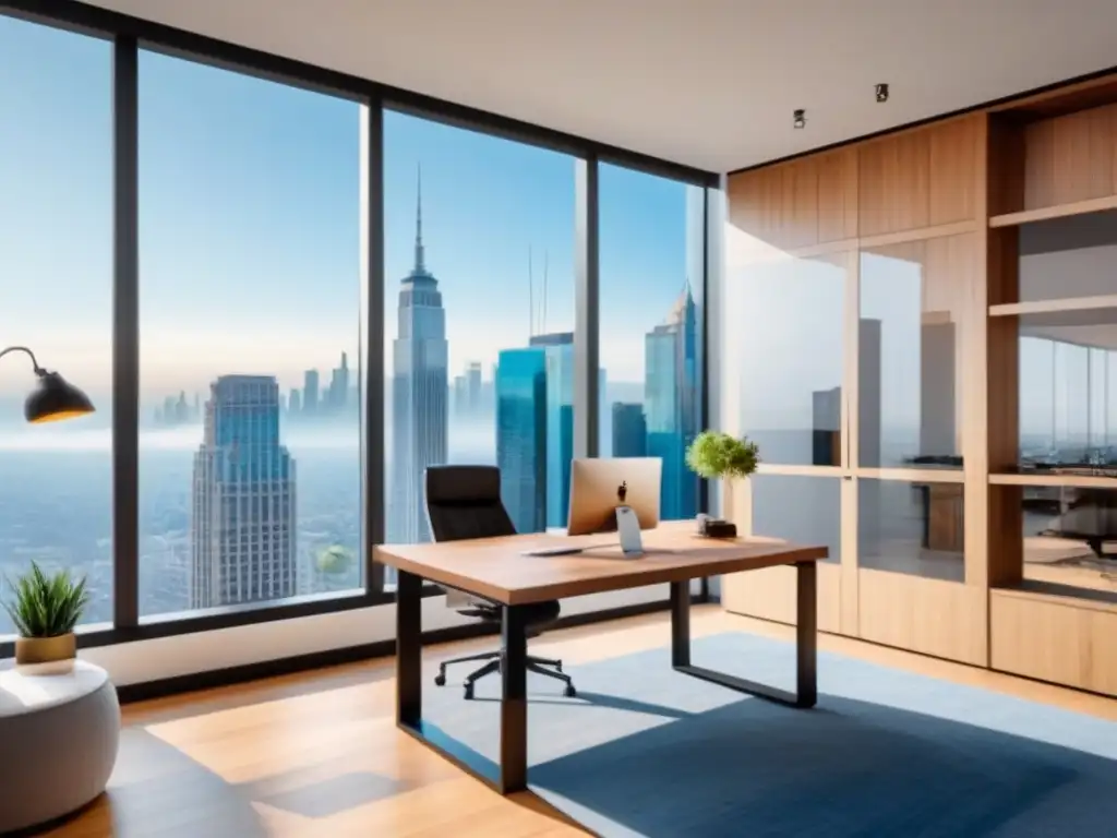 Oficina moderna con diseño elegante para inversores inmobiliarios Una oficina moderna con escritorio, portafolio de inversiones, pizarrón y vista a la ciudad