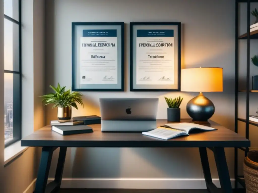 Oficina moderna con ambiente profesional y educativo Oficina moderna con escritorio de vidrio, laptop con gráficos financieros, libros de bienes raíces y certificado enmarcado