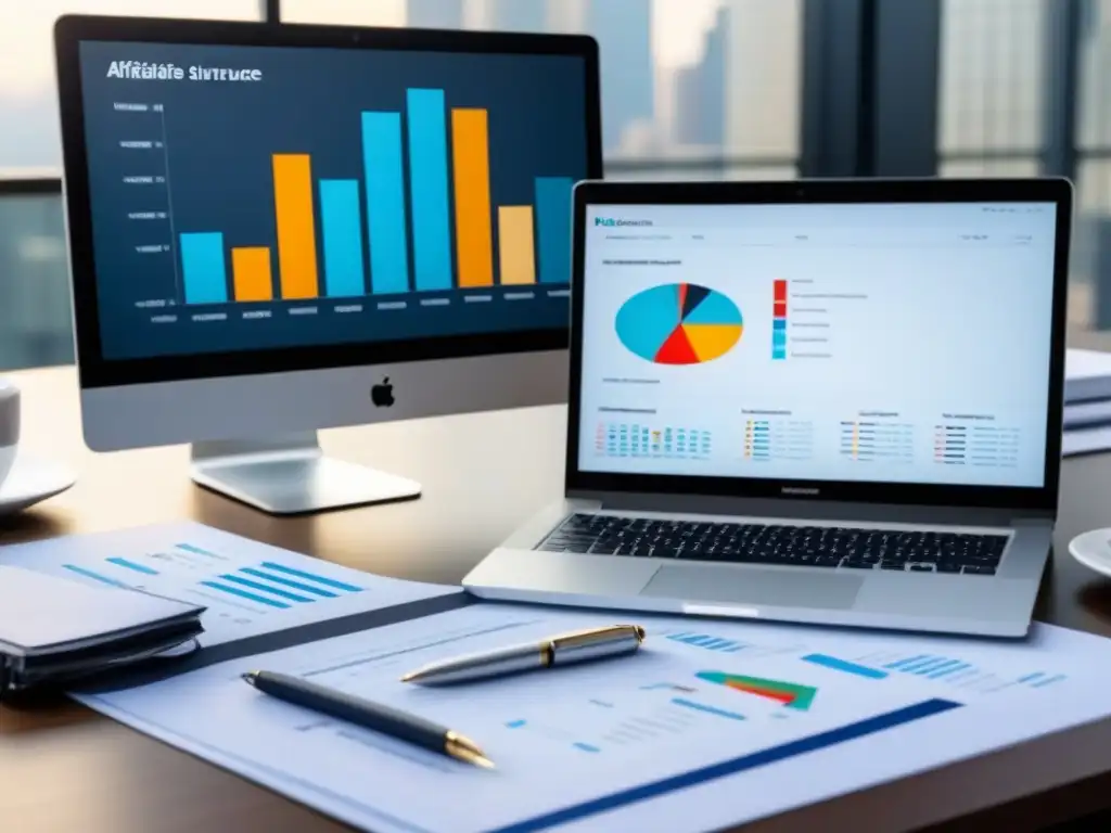 Oficina moderna con análisis de comisiones de seguros Oficina moderna con gráficos de comisiones ocultas en programa de afiliados a seguros