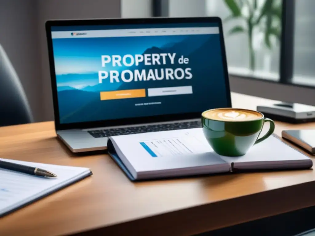 Escritorio moderno: tendencias seguros propiedad Oficina moderna con gráficos de seguros de propiedad, notas, café y gafas bajo luz natural cálida