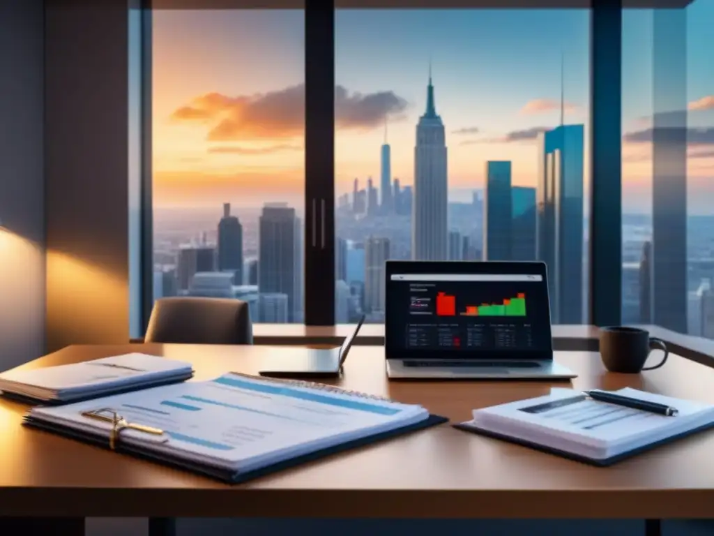 Escritorio moderno: Protección de Activos Inmobiliarios Oficina moderna con laptop, documentos legales y llaves de propiedad de lujo, iluminada por luz natural con vista a la ciudad