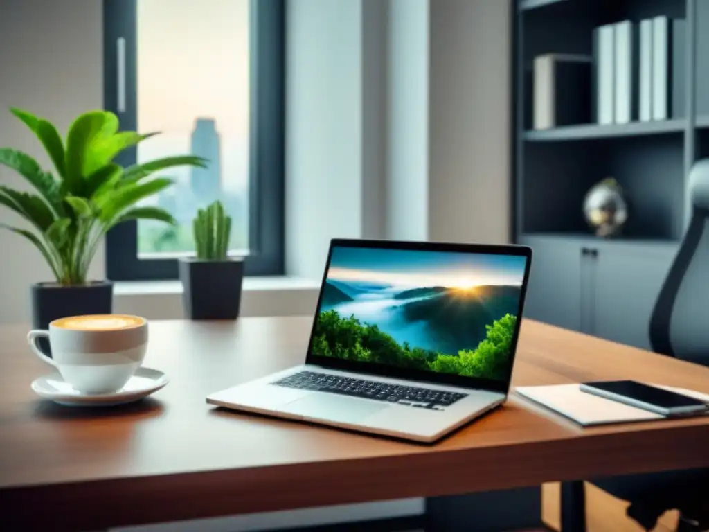 Oficina moderna: profesionalismo en financiamiento inmobiliario Oficina moderna con laptop, documentos financieros, café y planta