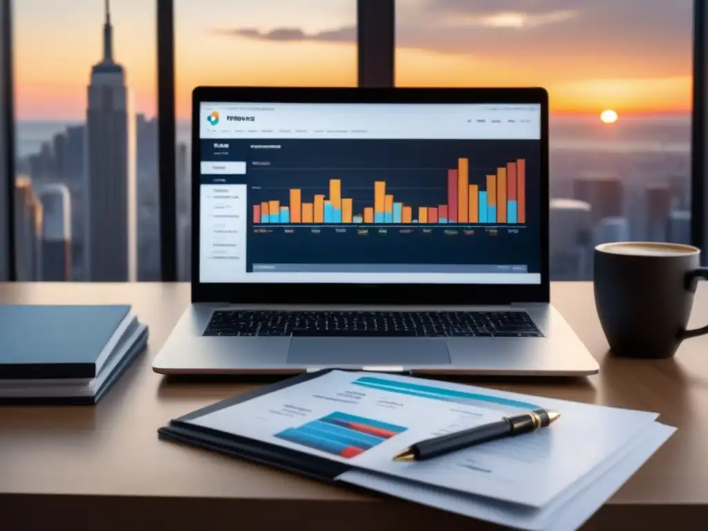 Oficina moderna y productiva con gráficos de beneficios y skyline dorado Oficina moderna con laptop y gráfica de beneficios, café y folletos organizados, vista de la ciudad al atardecer