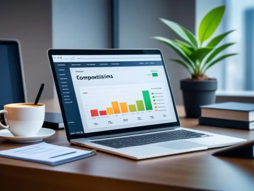 Oficina moderna: firma de documento con confianza y profesionalismo Oficina moderna con laptop y gráfico financiero, firma de documento con pluma brillante