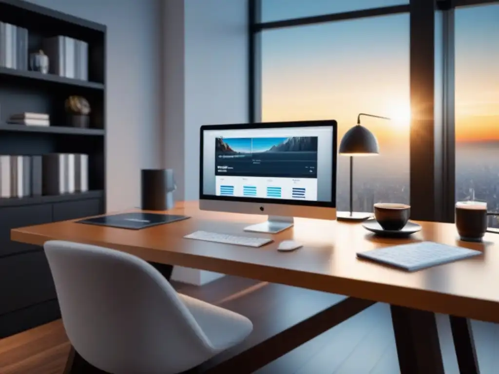 Oficina moderna: estrategias de ingresos pasivos Oficina moderna con laptop, gráficos financieros y café, para financiamiento y ingresos pasivos