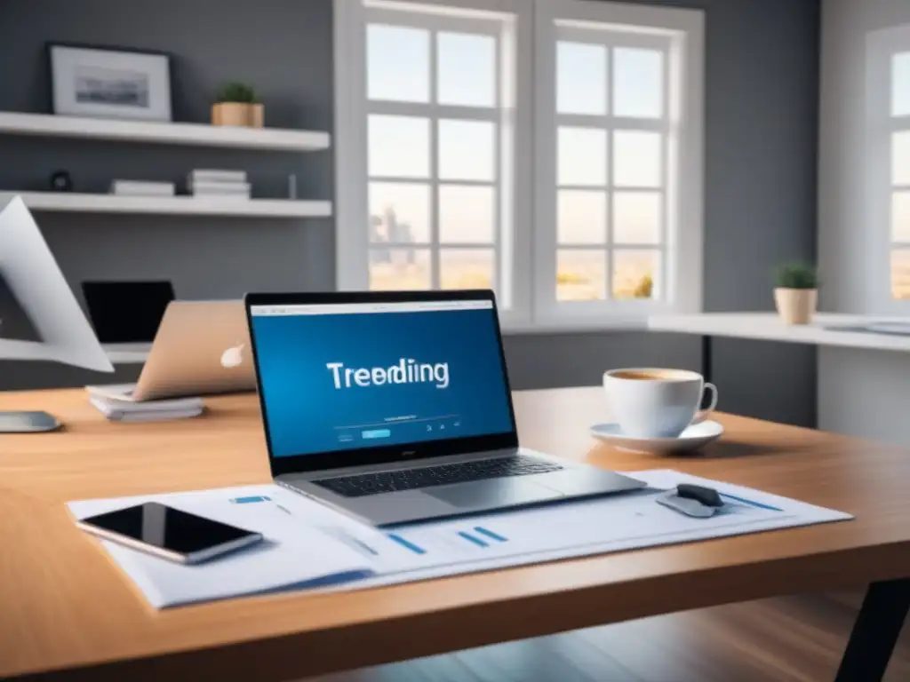 Oficina elegante para invertir en propiedades Oficina moderna con laptop, gráficos financieros, café y plano de casa en construcción