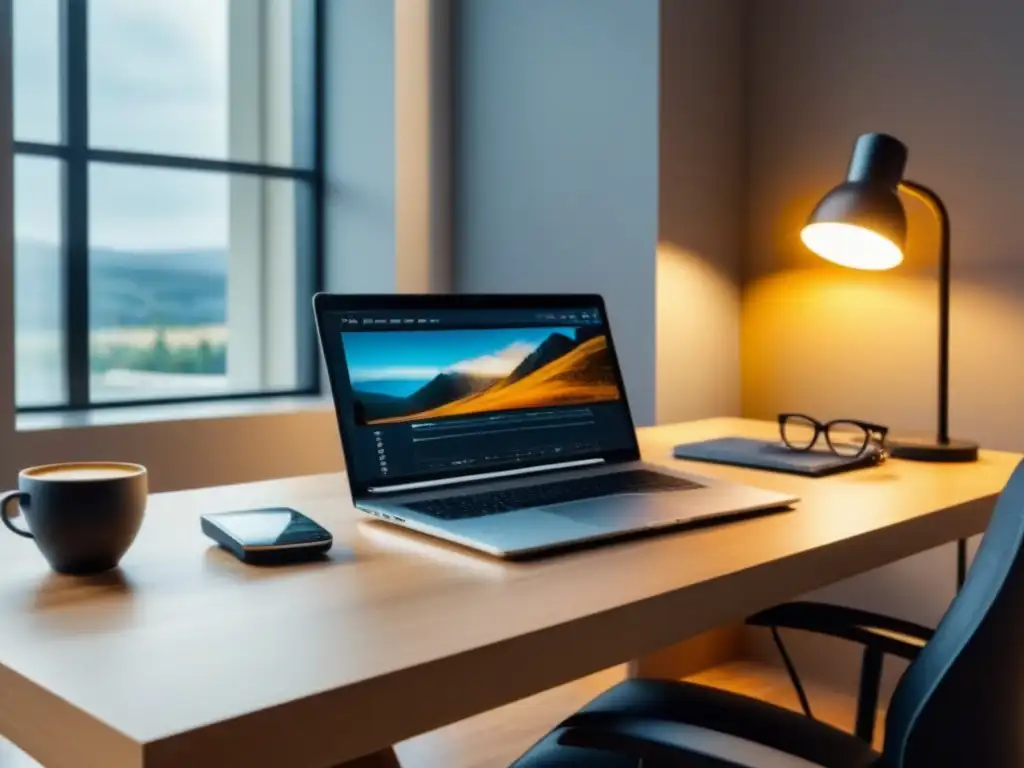 Oficina moderna con escritorio elegante y elementos de trabajo Oficina moderna con laptop mostrando gráficos financieros, llaves, calculadora y café
