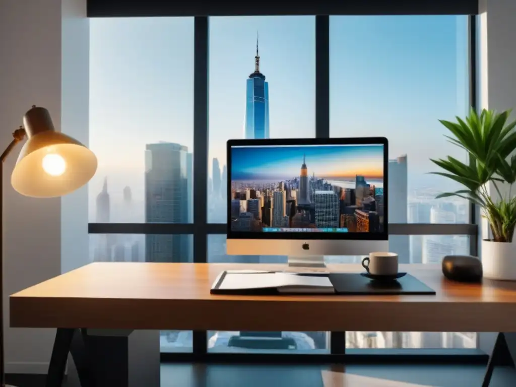 Oficina moderna para inversiones inmobiliarias Oficina moderna con laptop mostrando gráficos de inversión inmobiliaria, documentos financieros y café