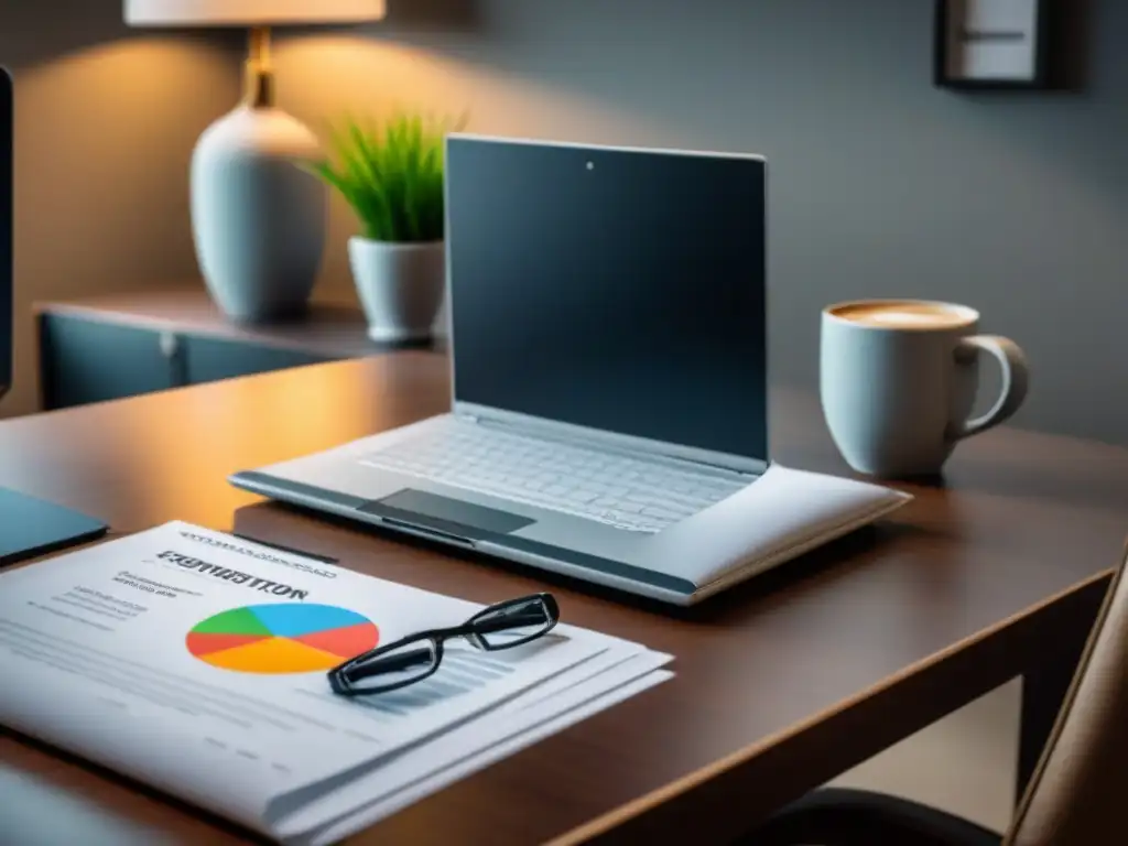 Oficina moderna: Protección financiera para inversores Oficina moderna con laptop, gráficos financieros, pólizas de seguro, café y lentes, para beneficios seguros propiedad inversores