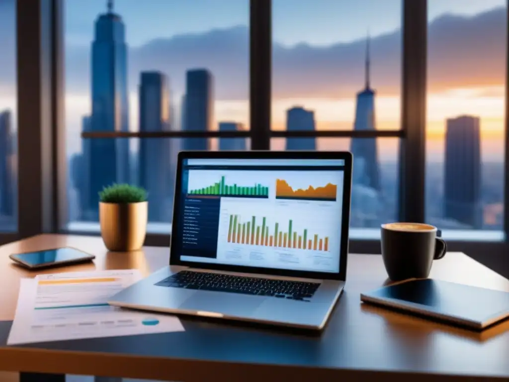 Oficina moderna para negociaciones de reestructuración de deudas Oficina moderna con laptop, café y gráficos financieros