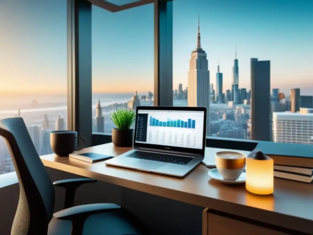 Elegante escritorio de oficina con laptop y gráficos financieros Oficina moderna con laptop, libros y café, ideal para la investigación de préstamos interés inmobiliarios