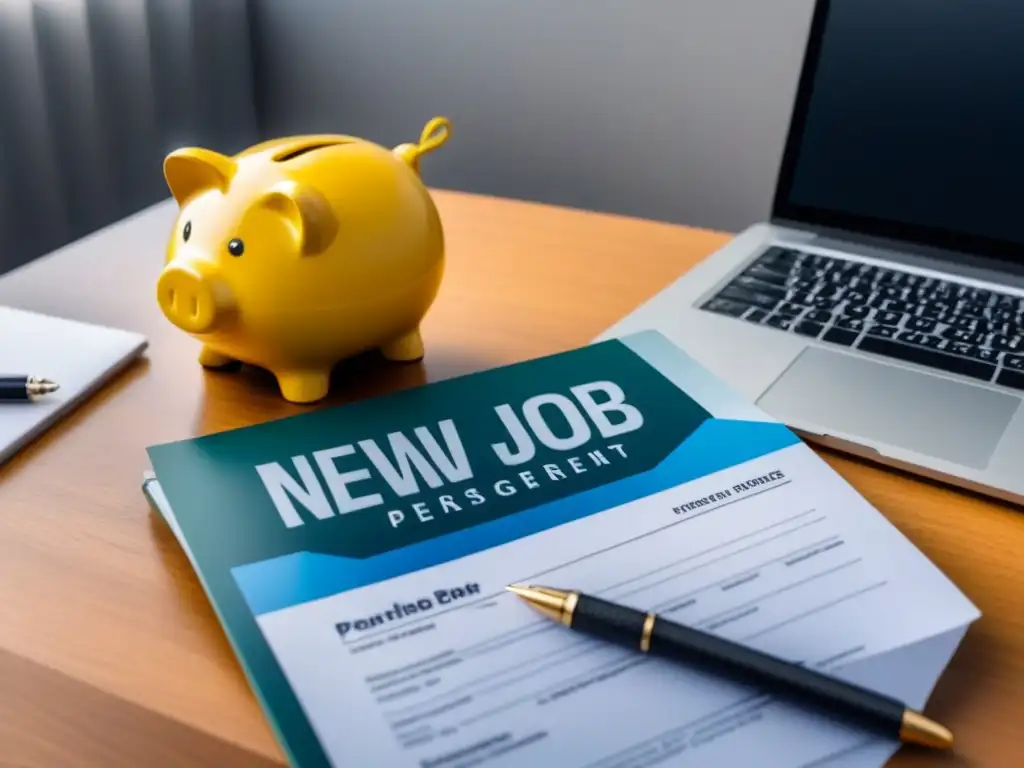 Protege tu puntaje crediticio al cambiar de trabajo Oficina moderna con laptop, puntaje crédito, currículums, alcancía y contrato 'Acuerdo de Nuevo Empleo'
