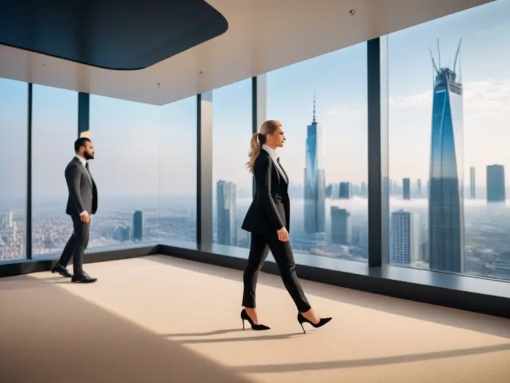 Oficina moderna de lujo en el centro de la ciudad, con vista panorámica de rascacielos