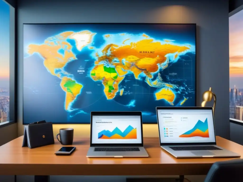 Oficina moderna de lujo: expertos en inversiones inmobiliarias globales Oficina moderna de lujo con escritorio elegante y tecnología de alta gama, mapa mundial en la pared y una laptop mostrando gráficos financieros
