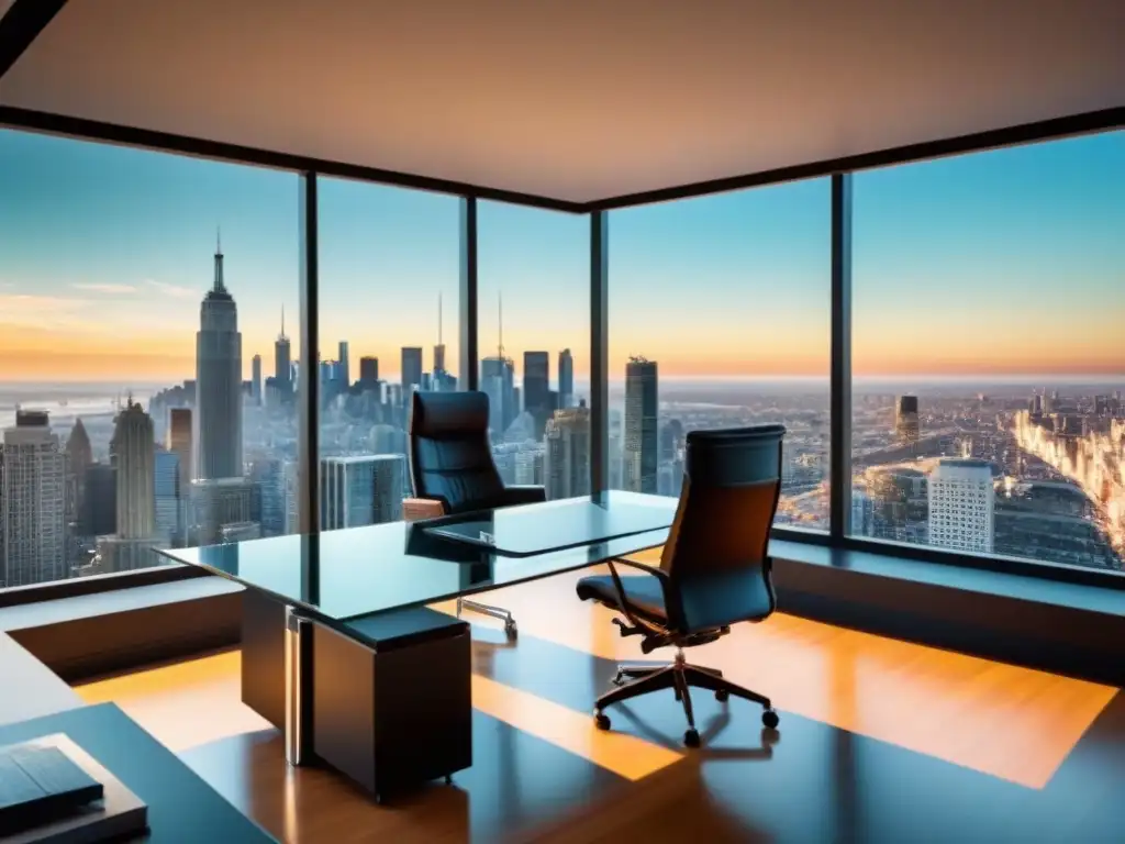 Oficina moderna de lujo con vista panorámica a la ciudad Oficina moderna de lujo con escritorio de vidrio, silla de cuero y vista panorámica a la ciudad