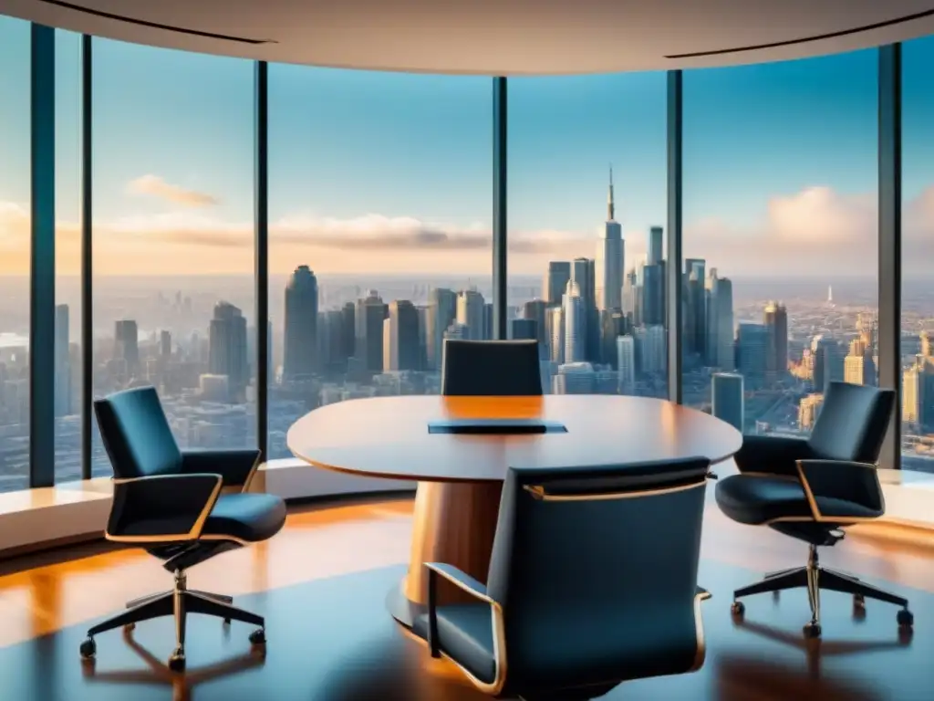 Sala de juntas de lujo para inversión inmobiliaria Oficina moderna de lujo con mobiliario elegante, ventanales panorámicos y gráficos de inversiones inmobiliarias cumplimiento regulatorio